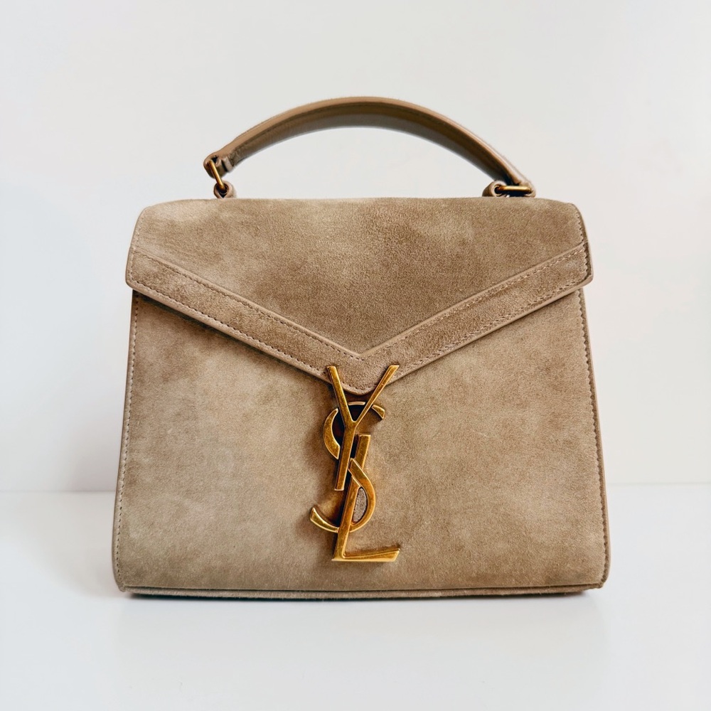 Yves Saint Laurent Cassandra Mini Top Handle Bag Beige Suede